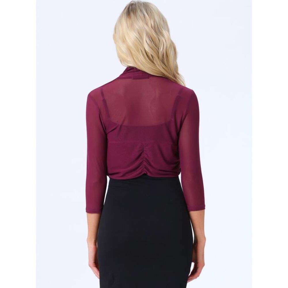 Semi Sheer Mesh 3/4 Sleeves Stretchy Tops Bolero Shrug Burgundy - Picture 4 of 6